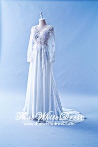 601W04 AD Long Sleeves Chiffon Deep V Wedding Dress Designer Malaysia