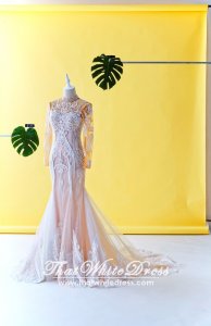 75LLW02 LL Fatine Long Sleeves High Collar Trumpet Champagne Wedding Dresss Malaysia Baju Pengantin KL