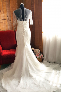 10 French Chantilly Lace 3/4 Sleeves Wedding Dress Mermaid Trumpet Baju pengantin Kahwin Malaysia Muslimah Sanding