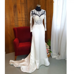 34 Long sleeves illusion neck Lace Back Berta Bride French Embroidery Lace Silk Chiffon Garden Beach Wedding Dress Rental Gaun Baju Pengantin Muslimah Kahwin Nikah Sanding Malaysia Kuala Lumpur Petaling Jaya