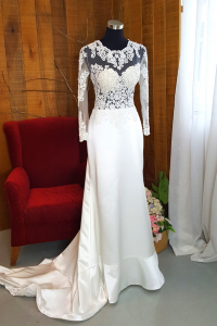 34 Long sleeves illusion neck Lace Back Berta Bride French Embroidery Lace Silk Chiffon Garden Beach Wedding Dress Rental Gaun Baju Pengantin Muslimah Kahwin Nikah Sanding Malaysia Kuala Lumpur Petaling Jaya