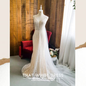 201RYW01 Mia Champagne Spaghetti Geometry Trumpet Cape  Bride Wedding Event Reception Dinner Dress rental Malaysia