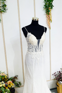 203BYW02 Caleena Spaghetti Straps Deep V lace Glitters trumpet wedding dress Malaysia bride dress rental custom make