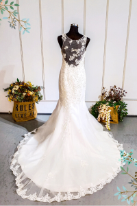 412W16 LL Illusion back asymetrical lace wedding gown malaysia rental button