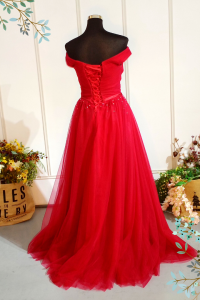 601E07 BR Off Shoulder Maroon Princess A line evening dress rental a