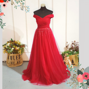 601E07 BR Off Shoulder Maroon Princess A line evening dress rental