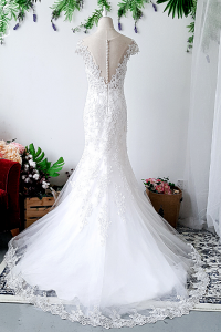 711LLW01 Celine illusion off shoulder guipure trumpet bride wedding dress Malaysia rental designer button back
