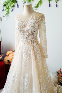 77LLW03 LL Hannah Long Sleeves Illusion Neck off shoulder Princess Champagne gaun pengantin nikah malaysia