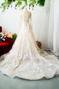 77LLW03 LL Hannah Long Sleeves Illusion Neck off shoulder Princess Champagne gaun pengantin kahwin bride Malaysia