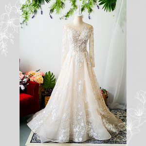 77LLW03 LL Hannah Long Sleeves Illusion Neck off shoulder Princess Champagne wedding dress rental malaysia