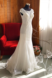 807XNW01 Chloe Boat neck illusion neckline Deep V Sparkle Trumpet d