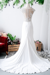 808BYW02 Monroe Cap sleeves lace Illusion neckline Plain Crepe Chiffon Minimalist bride wedding Malaysia Button Back