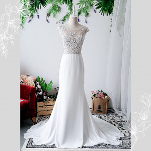 808BYW02 Monroe Cap sleeves lace Illusion neckline Plain Crepe Chiffon Minimalist bride wedding Malaysia Button Back