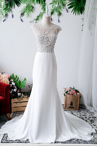 808BYW02 Monroe Cap sleeves lace Illusion neckline Plain Crepe Chiffon Minimalist bride wedding Malaysia Button Back