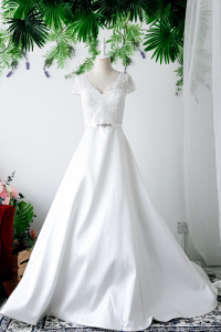 808BYWL01 Plus Latifa Cap Lace sleeves V neck A line Mikado Silk Bridal Dress Designer Malaysia rental