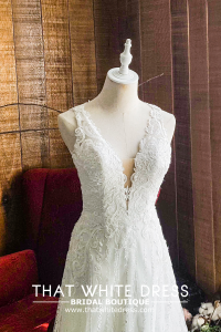 906BY04W01 Carina Deep V illusion back A line stripes Bride Wedding Gown Premium Designer Malaysia rental