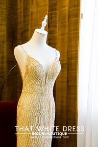 906LLE02 Thrisha Gold Spaghetti Strap full beadings sequins Trumpet Mermaid Bridal Gown Signature Designer Custom make rental Kuala Lumpur