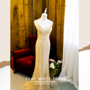 906LLE02 Thrisha Gold Spaghetti Strap full beadings sequins Trumpet Mermaid Bride Wedding Gown Premium Designer Malaysia rental