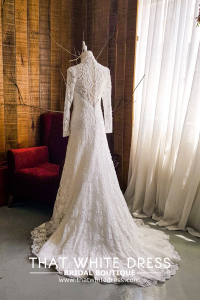 906LLW03 Fhrisha Long Sleeves Baroque A line French Lace Button Back High Neck Collar Bride Wedding Gown Premium Designer Malaysia rental