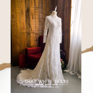 906LLW03 Fhrisha Long Sleeves Baroque A line Full French Lace Button Back High Neck Collar Bride Wedding Gown Premium Designer Malaysia rental