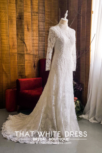 906LLW03 Fhrisha Long Sleeves Baroque A line Full French Lace Button Back High Neck Collar Bride Wedding Gown Premium Designer Malaysia rental