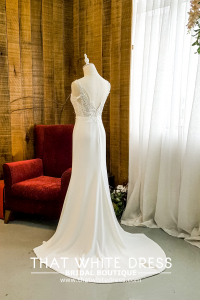 909BY05W01 Clara V neck chantilly lace sheath crepe minimalist chiffon Bridal Gown Signature Designer Custom make rental Kuala Lumpur