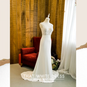 909BY05W01 Clara V neck chantilly lace sheath crepe minimalist chiffon Bridal Gown Signature Designer Custom make rental Kuala Lumpur