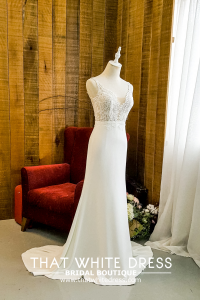 909BY05W01 Clara V neck chantilly lace sheath crepe minimalist chiffon Bridal Gown Signature Designer Custom make rental Kuala Lumpur