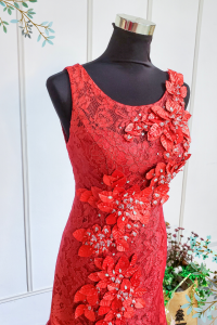 Evening Dress 502Ev09 TY Maroon Illusion Neck Chantilly Lace Trumpet b rental Kuala Lumpur Mom of bride