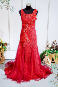 Evening Dress 502Ev09 TY Maroon Illusion Neck Chantilly Lace Trumpet a rental Petaling Jaya Mom of bride