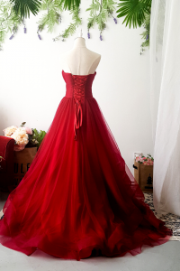 Evening Dress 502EvWL01 TY Maroon Princess Organza Plus size bride evening dress reception event rental Malaysia