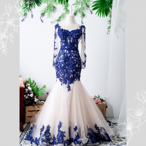Evening Dress 711LLE01 LL TIfanny Navy Blue Illusion bodice trumpet   Wedding Event Reception Dinner Dress rental Malaysia