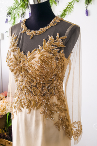 Evening Dress 812LLEL01 Shirley Gold long sleeves sheath gold leaves b Plus size Event Reception Dinner Dress rental Malaysia  Pengantin Kahwin