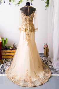 Evening Dress 812LLEL01 Shirley Gold long sleeves sheath gold leaves c Plus size Event Reception Dinner Dress rental Malaysia Pengantin Kahwin