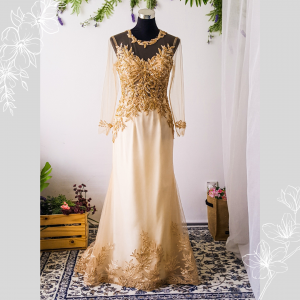 Evening Dress 812LLEL01 Shirley Gold long sleeves sheath gold leaves a Plus size Event Reception Dinner Dress rental Malaysia Pengantin Kahwin