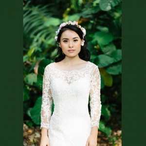 605LL02 LL Long Sleeves Illusion Lace Neck Low Back Tie 1  Bride Wedding Dress Designer Premium White Rental Kuala Lumpur