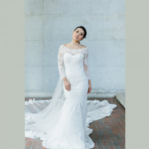 605LL03 LL Long Sleeves Illusion Back Zip Long Train 5 Pengantin Malaysia Baju Sewa, French Lace wedding Dress rental Malaysia, 