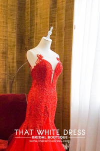 Evening Dress 910LLW04 Winona Red Spag strap deep V baroque trumpet b