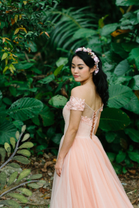 Evening Dress LL612E01 Blush Peach LL off shoulder Tulle A line Flora 2 Wedding Gown Designer Malaysia, Malay Bride Malaysia, Church Bride Malaysia, 