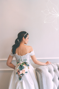 711LLW02 Jill 2 piece off shoulder bolero with silk satin wrap skirt 6ROM wedding dress rental Malaysia, Simple wedding dress malaysia, ROM wedding gown Kuala Lumpur, Garden wedding reception Malaysia, 