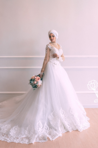 711XNW02 Lille Long Sleeves (Champagne) Illusion neckline ribbon belt A line princess zip 2 Princess Wedding Gown Malaysia, Bridal Dress Rental Malay Kuala Lumpur Rental, 