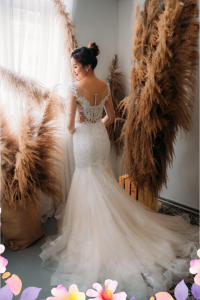 75LLW03 LL Amie Long Sleeves Illusion Bodice Light Beige Trumpet Button Back 5 French Chantilly Lace bridal dress custom make malaysia, Full lace wedding dress malaysia, Simple wedding dress malaysia, ROM wedding gown Kuala Lumpur,  Mermaid wedding dress,