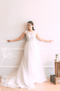 Evening Dress 711XNE07 Champagne sequined bodice floral train Princess 3 Wedding Ballgown rental Malaysia, French Chantilly Lace bridal dress custom make malaysia, 