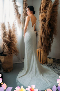 812BY02W02 Laryssa Spag Strap V neck sequin bodice sheath 3