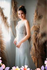 812BY02W03 Maryssa  Strap V neck illusion bodice satin sheath 4 ROM wedding dress rental Malaysia, Satin Wedding Dress Rental Kuala Lumpur, 