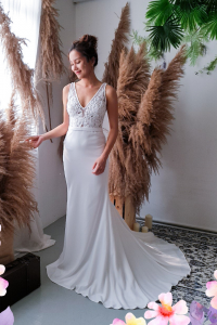 812BY02W03 Maryssa  Strap V neck illusion bodice satin sheath 87ROM wedding dress rental Malaysia, Simple wedding dress malaysia, ROM wedding gown Kuala Lumpur, Garden wedding reception Malaysia, 