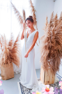 812BY02W04 Varyssa V neck Illusion back satin sheath 63 Wedding Dress Rental Minimalist Malaysia, Satin Wedding Dress Rental Kuala Lumpur, Crepe Wedding Dress Rental Kuala Lumpur, Princess Wedding Gown Malaysia, Wedding Ballgown rental Malaysia, Bridal Dr