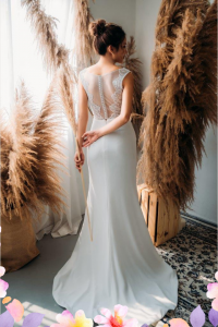 812BY02W04 Varyssa V neck Illusion back satin sheath 9 Satin Wedding Dress Rental Kuala Lumpur, Simple wedding dress malaysia, 