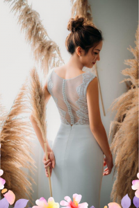 812BY02W04 Varyssa V neck Illusion back satin sheath 1 ROM wedding dress rental Malaysia, Simple wedding dress malaysia, ROM wedding gown Kuala Lumpur, Garden wedding reception Malaysia, 