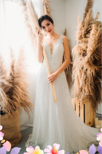 906BY04W01 Carina Deep V illusion back A line stripes 4 ROM wedding dress rental Malaysia, Simple wedding dress malaysia, ROM wedding gown Kuala Lumpur, Garden wedding reception Malaysia, 